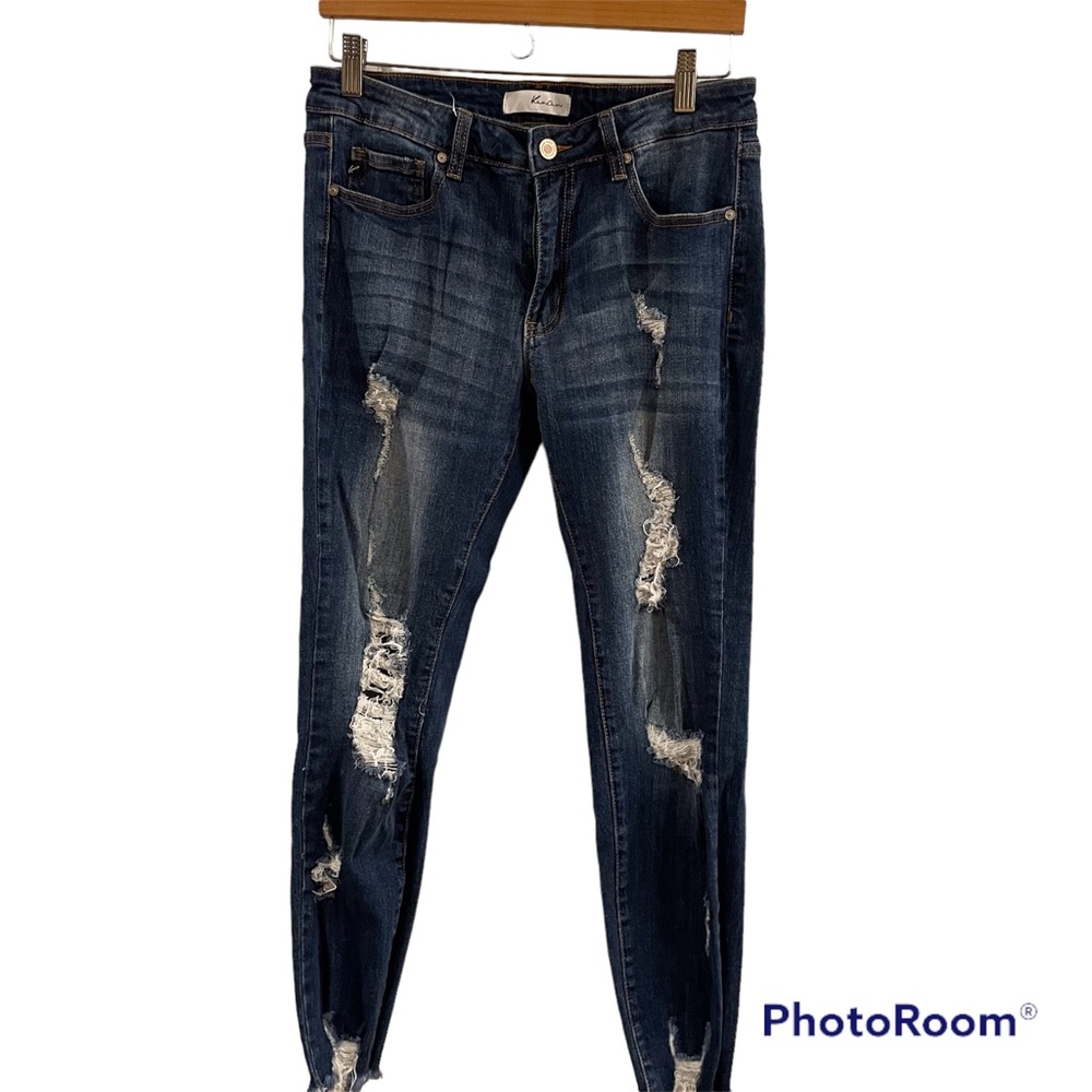 KanCan Mid Rise Distressed Skinny Jeans Medium Dark Wash - 13/30